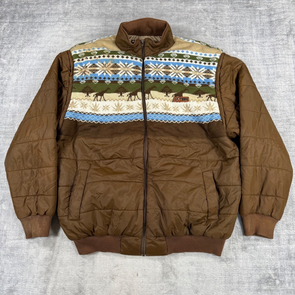 LRG Lifted Research Group Jacket Mens 4XL Brown Fair Isle Giraffe Convertible
